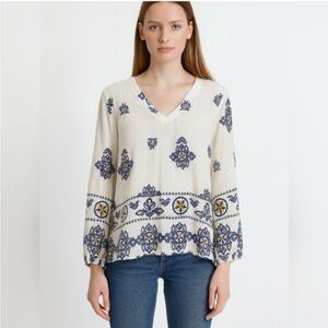 Francesca Bettini linen cream blue boho blouse top S